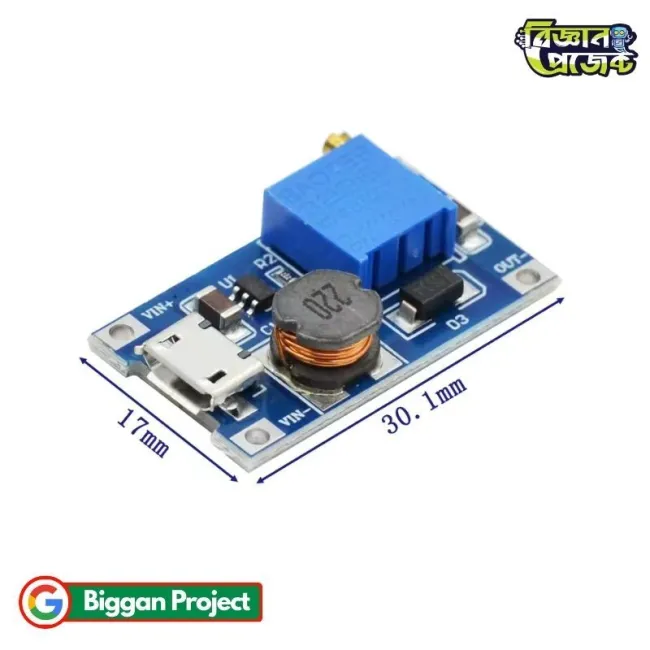 MT3608 DC-DC বুস্ট মডিউল (২A) – ২V-২৪V ইনপুট থেকে ২৮V আউটপুট, মাইক্রো USB সহ