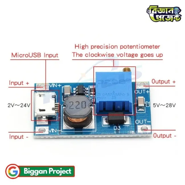 MT3608 DC-DC বুস্ট মডিউল (২A) – ২V-২৪V ইনপুট থেকে ২৮V আউটপুট, মাইক্রো USB সহ